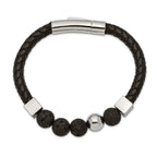 Chisel Stainless Steel Polished with Lava Stone Beads Black Leather 8 inch Bracelet