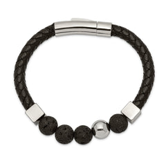Chisel Stainless Steel Polished with Lava Stone Beads Black Leather 8 inch Bracelet