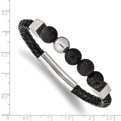 Chisel Stainless Steel Polished with Lava Stone Beads Black Leather 8 inch Bracelet