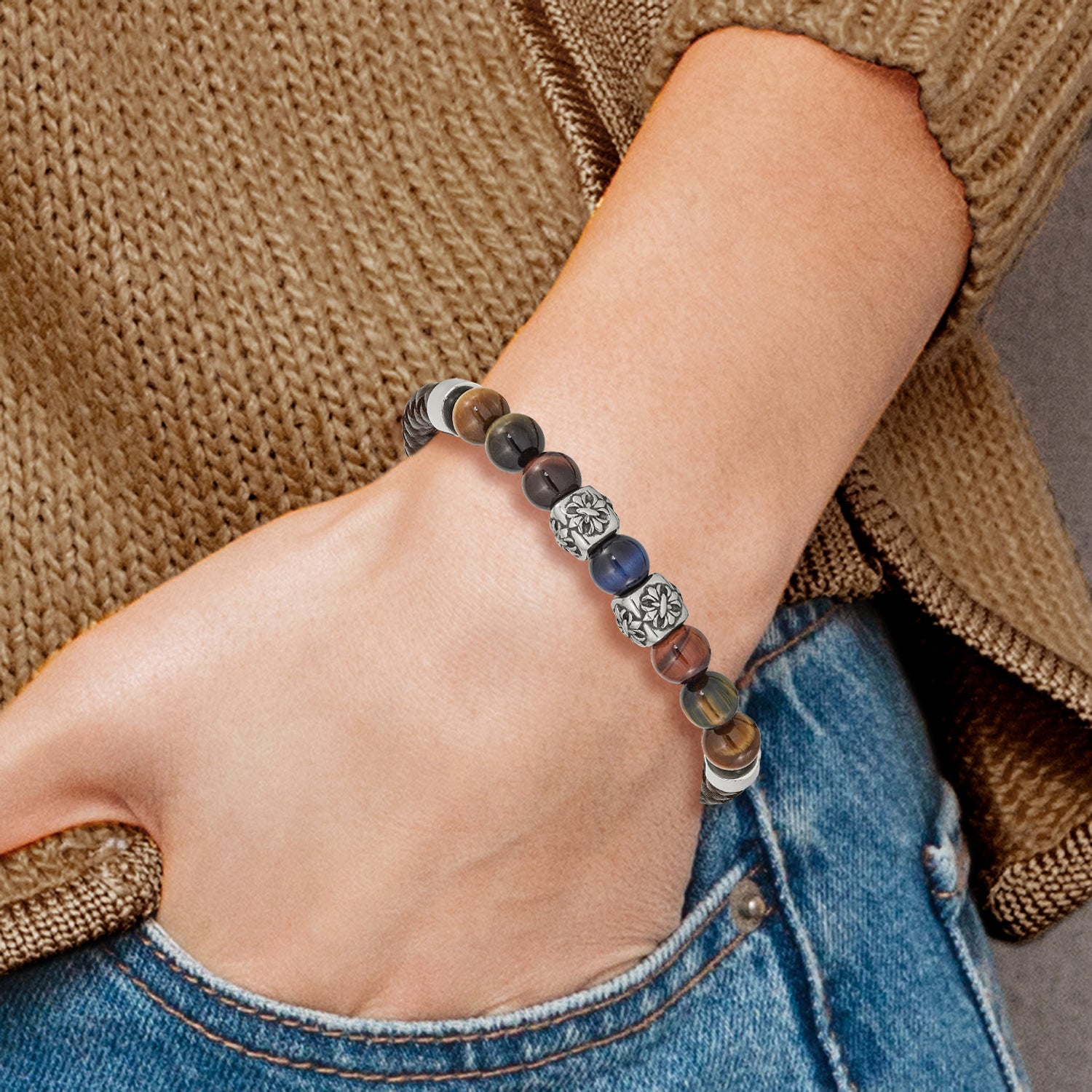 Chisel Stainless Steel Antiqued and Polished MultiColor Tiger's Eye Beads Brown Leather 8.5 inch Bracelet
