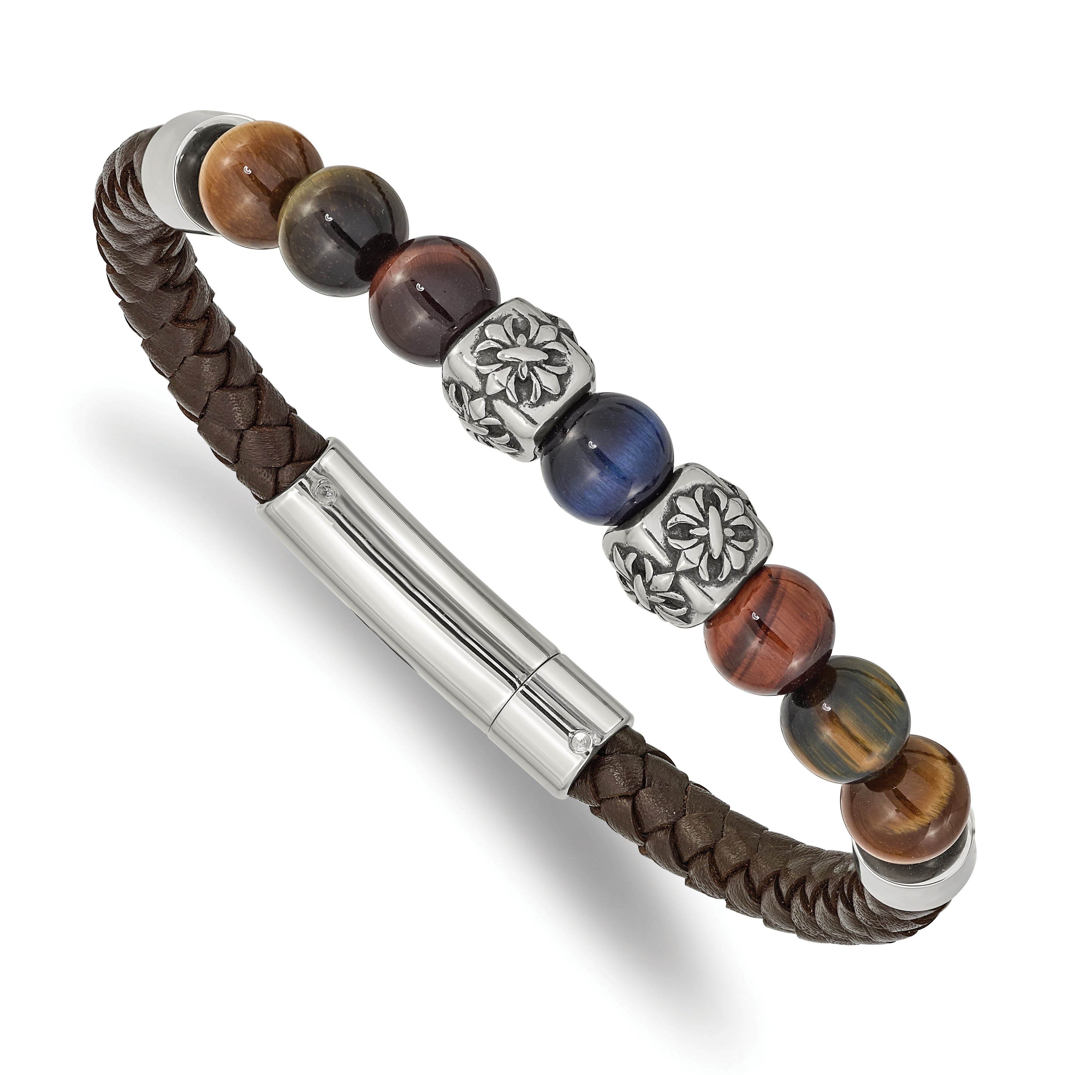 Chisel Stainless Steel Antiqued and Polished MultiColor Tiger's Eye Beads Brown Leather 8.5 inch Bracelet