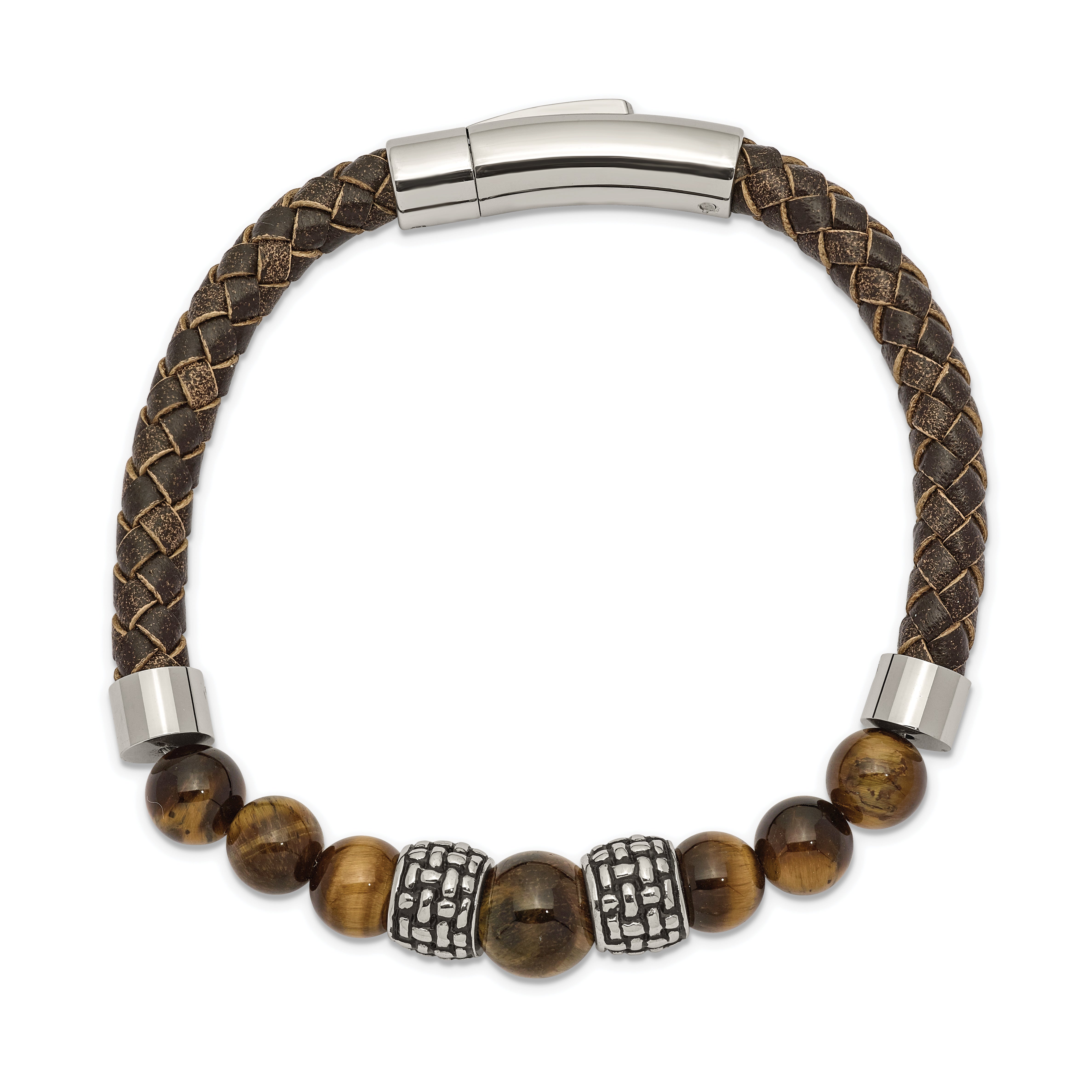 Chisel Stainless Steel Antiqued and Polished Tiger's Eye Beads Brown Leather 8.5 inch Bracelet Secondary image