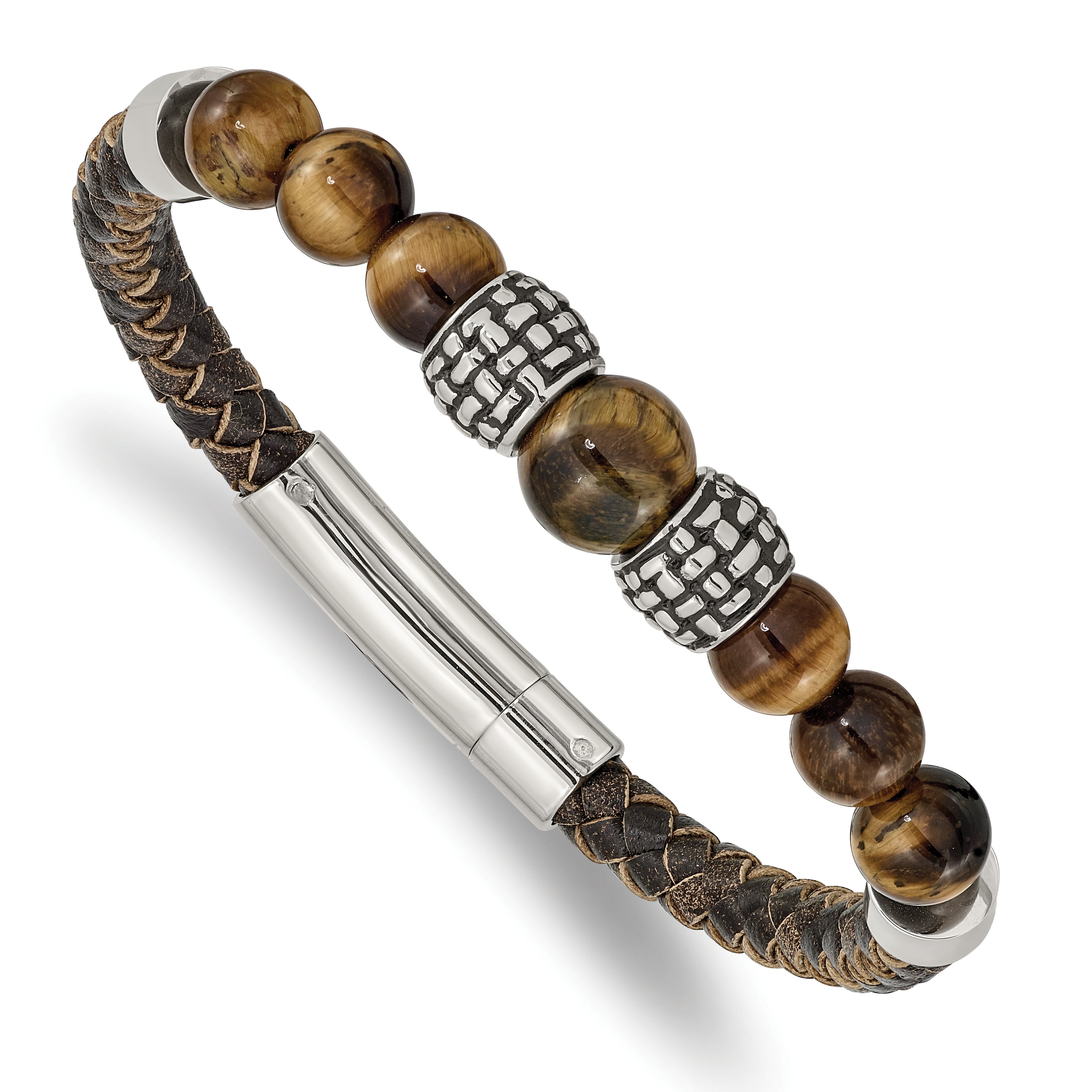 Chisel Stainless Steel Antiqued and Polished Tiger's Eye Beads Brown Leather 8.5 inch Bracelet Main image