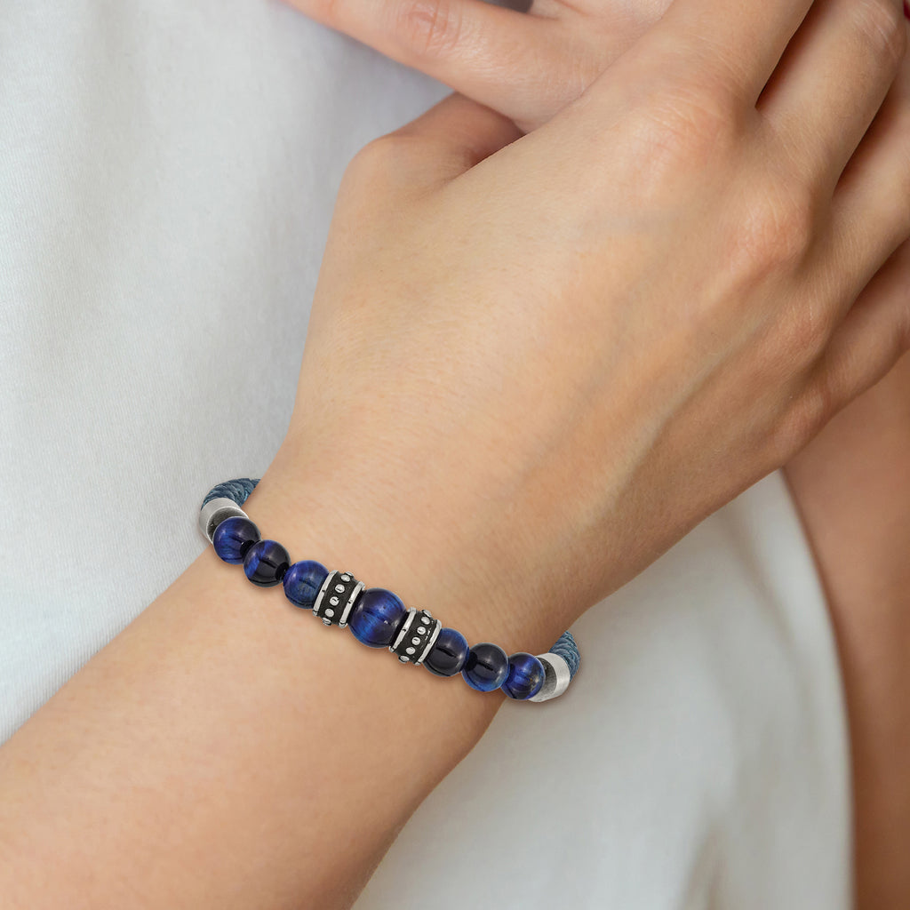 Chisel Stainless Steel Antiqued and Polished Blue Tiger's Eye Beads Blue Leather 8.25 inch Bracelet