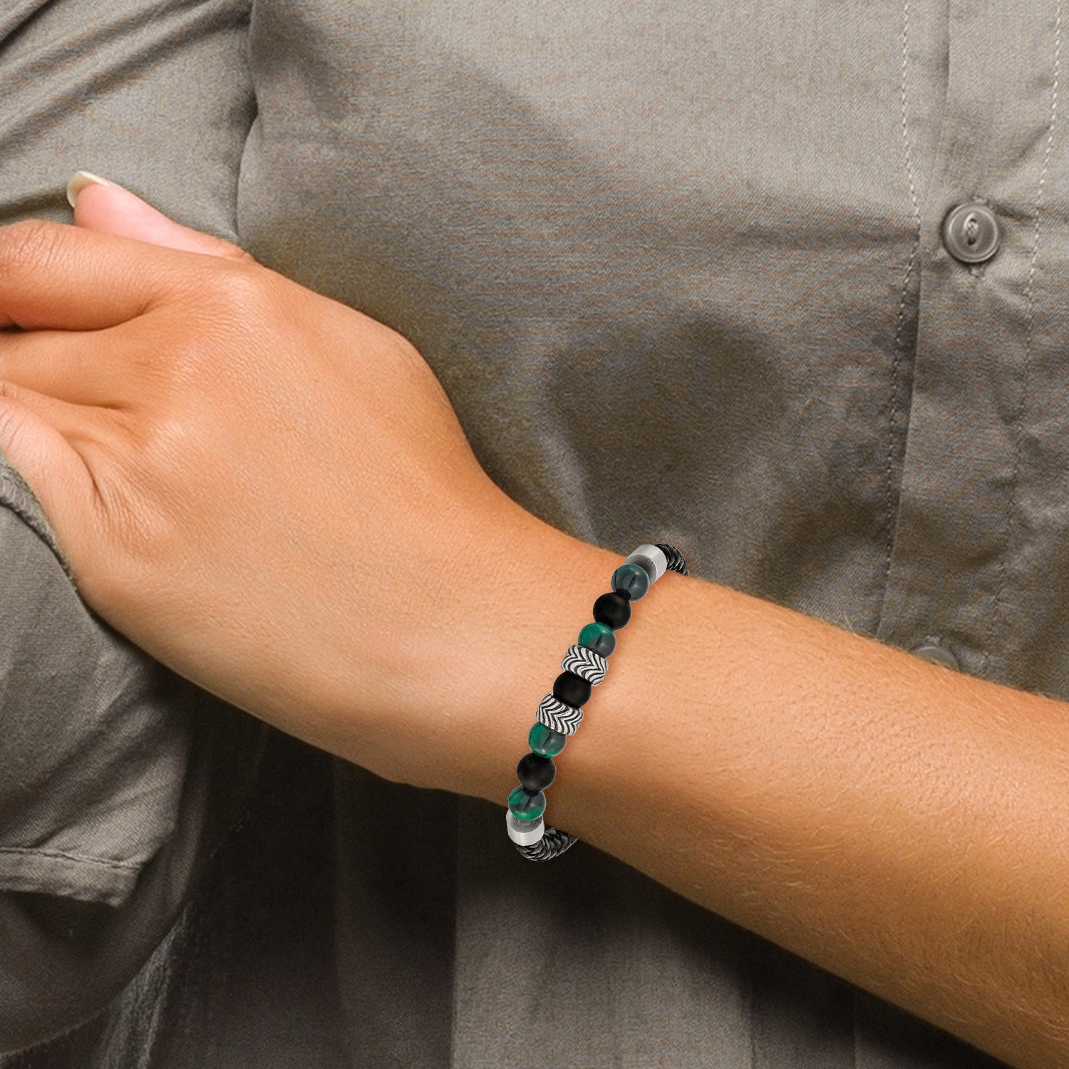 Chisel Stainless Steel Antiqued and Polished Black Agate and Green Tiger's Eye Beads Black Leather 8.5 inch Bracelet