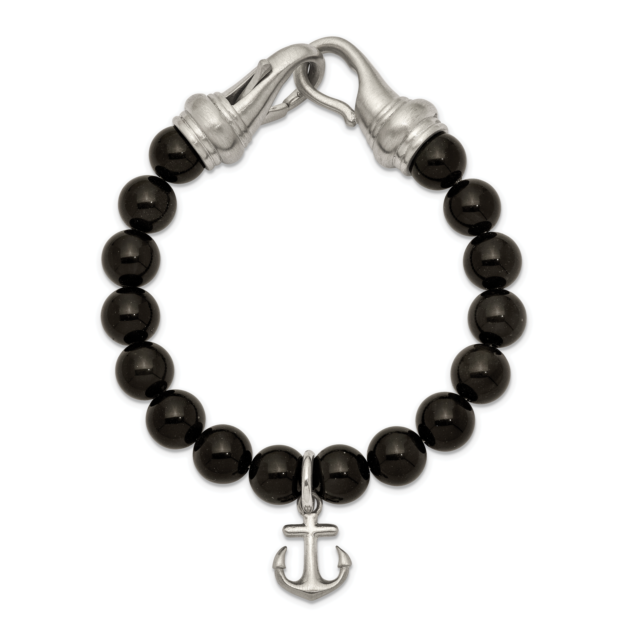 Chisel Stainless Steel Brushed Anchor Black Agate Beaded 8 inch Bracelet