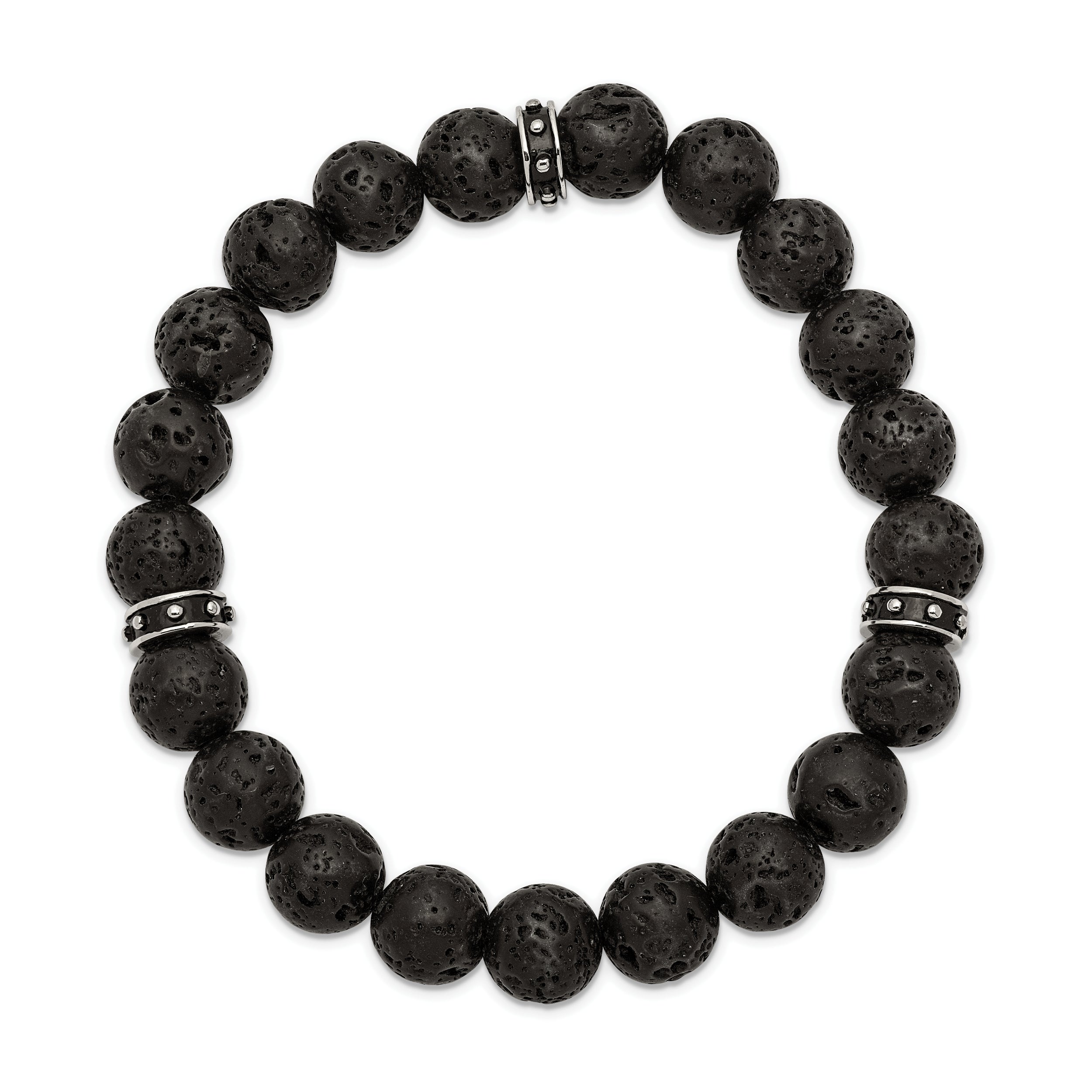 Chisel Stainless Steel Polished Black Enamel 10.5mm Lava Stone Beaded Stretch Bracelet