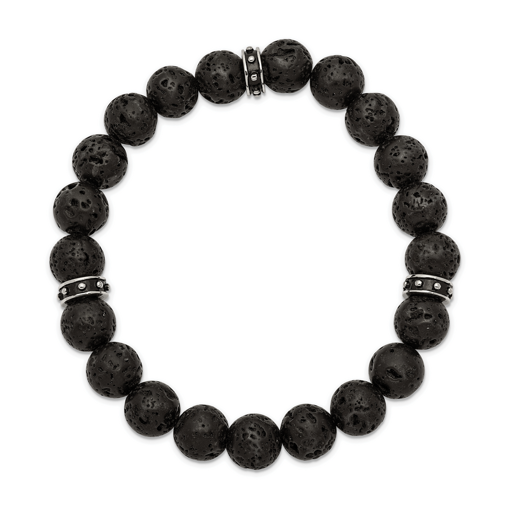 Lava Stone Beaded Stretch Bracelet in Stainless Steel