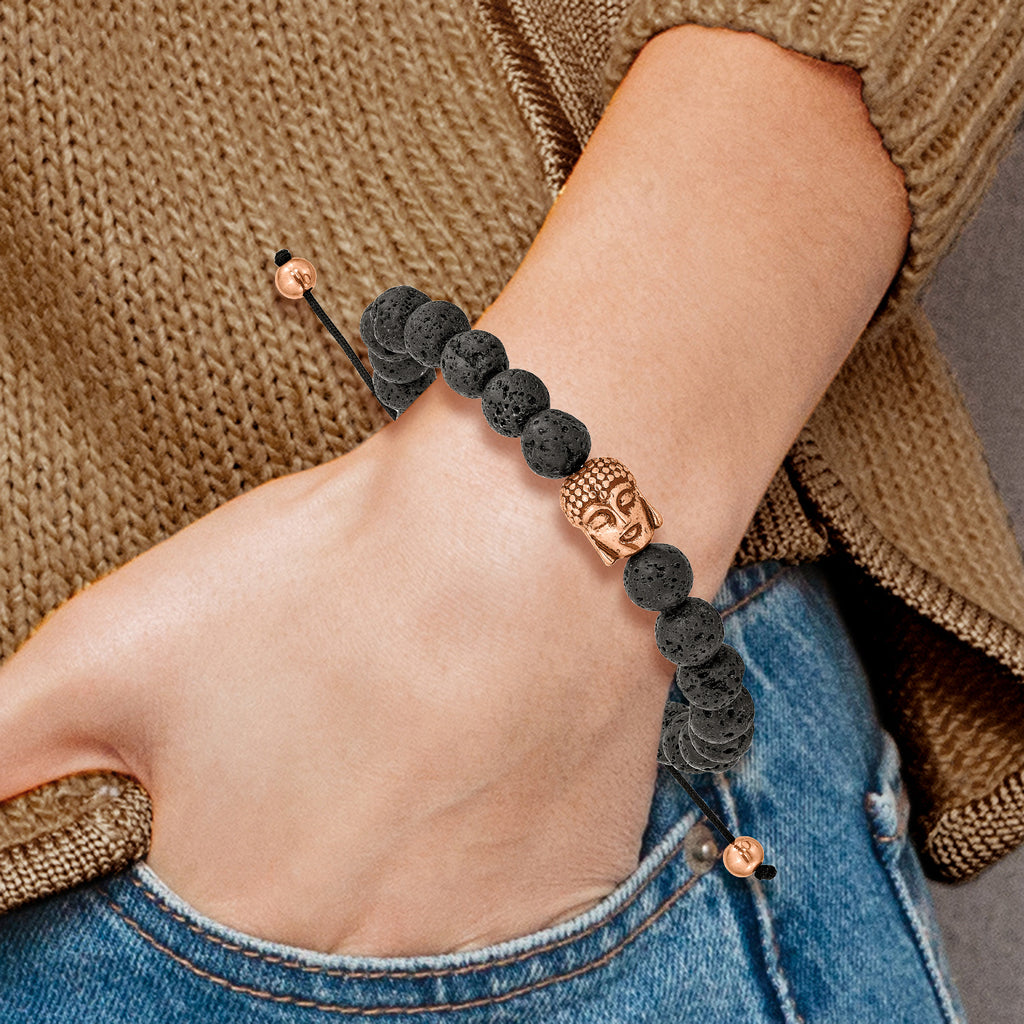 Buddha & Lava Stone Macramé Bracelet in Stainless Steel
