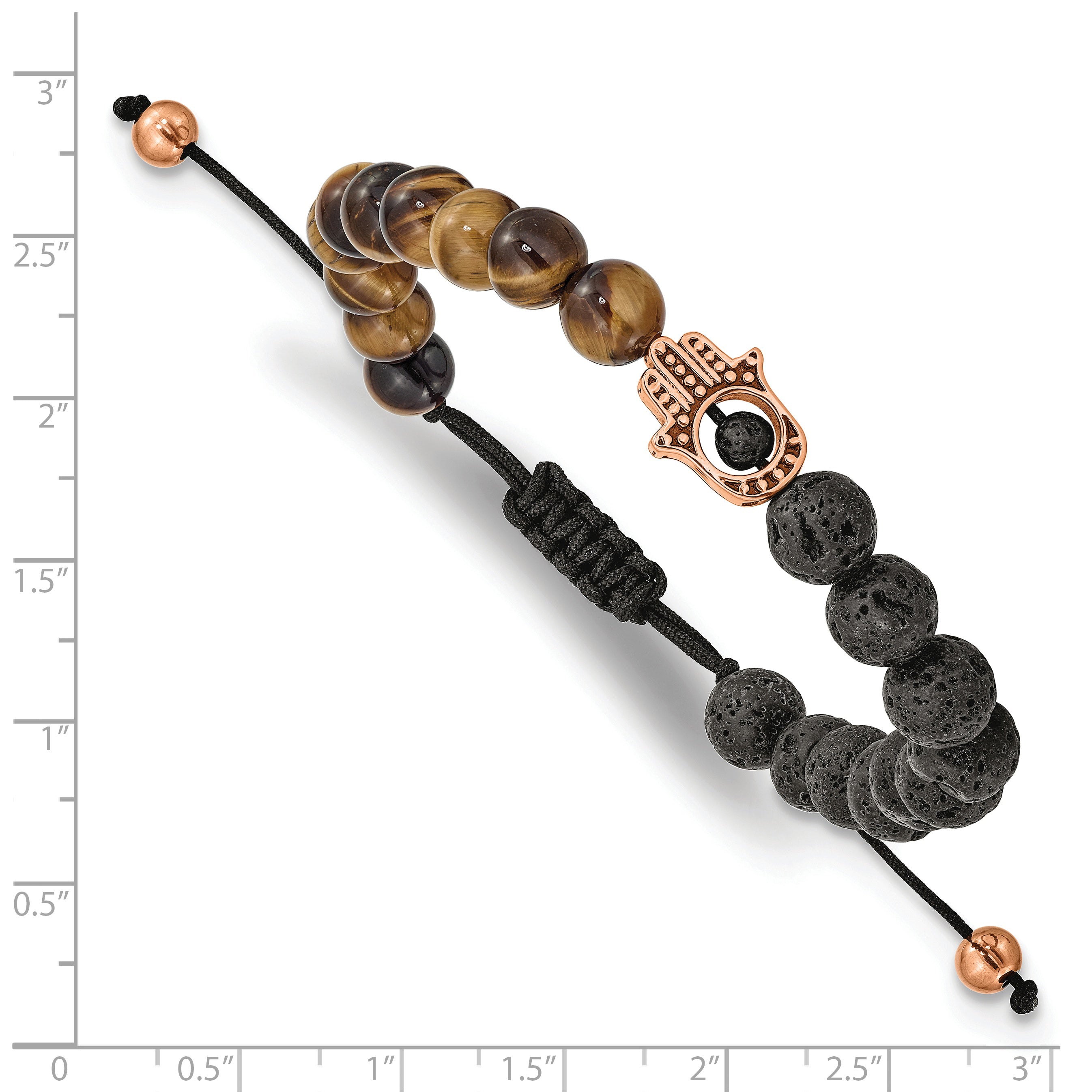 Chisel Stainless Steel Polished Rose IP-plated Hamsa Lava Stone and Tiger's Eye Black Macrame Adjustable Bracelet