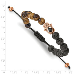 Chisel Stainless Steel Polished Rose IP-plated Hamsa Lava Stone and Tiger's Eye Black Macrame Adjustable Bracelet