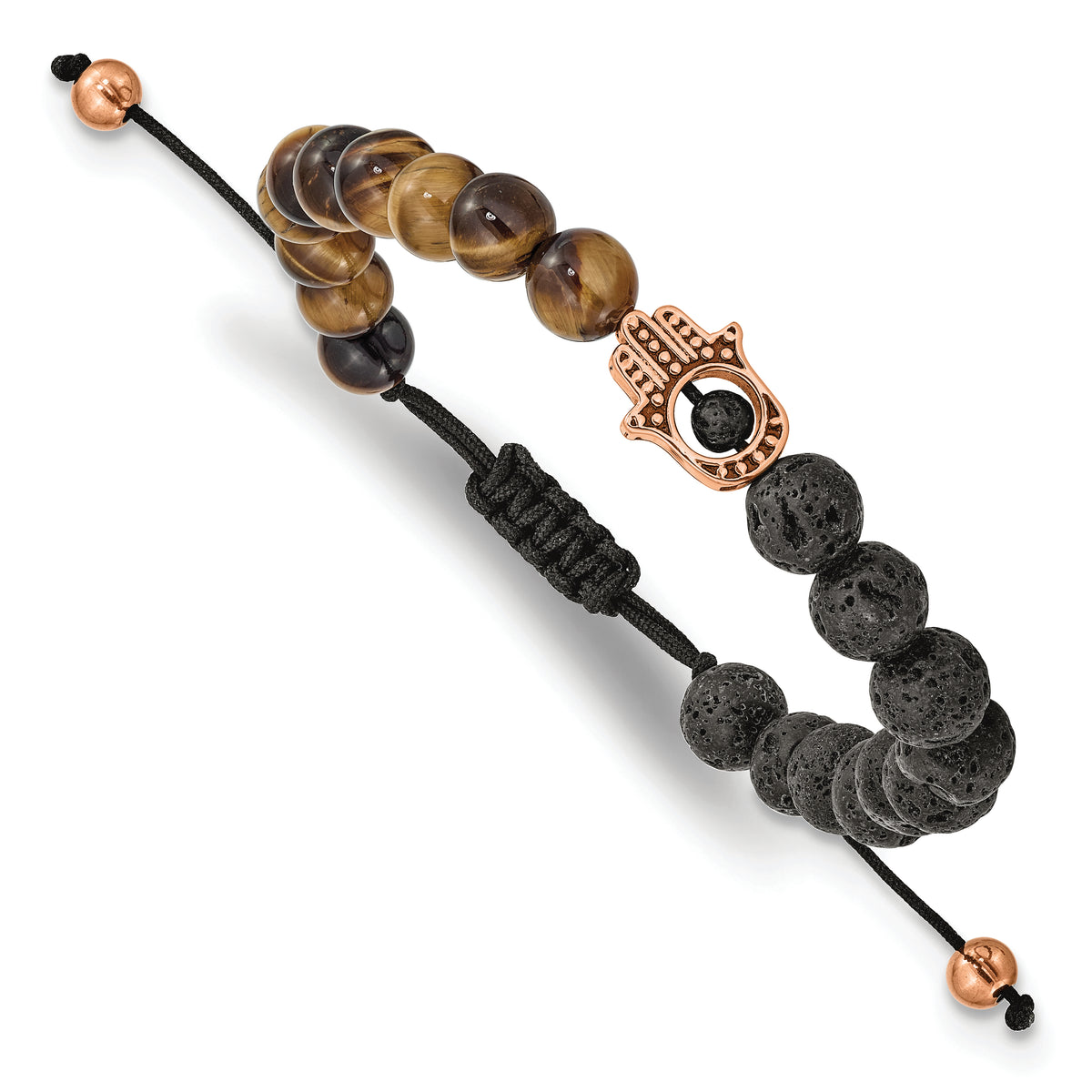 Chisel Stainless Steel Polished Rose IP-plated Hamsa Lava Stone and Tiger's Eye Black Macrame Adjustable Bracelet