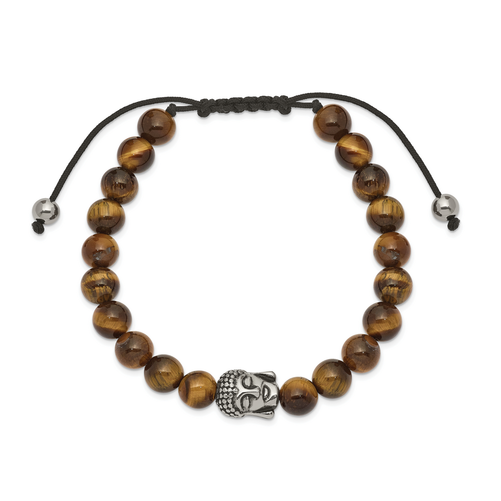 Tiger's Eye Buddha Bracelet in Stainless Steel & Black Macrame