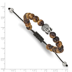 Chisel Stainless Steel Antiqued and Polished Tiger's Eye Buddha Black Macrame Adjustable Bracelet