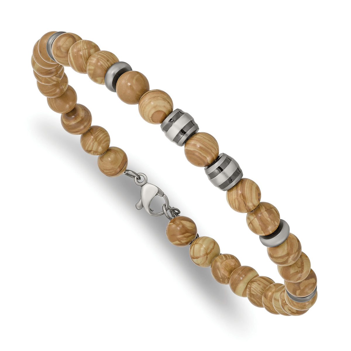 Chisel Stainless Steel Antiqued White Bronze Plated with Grain Stone Beads 8 inch Bracelet with 1 inch Extension