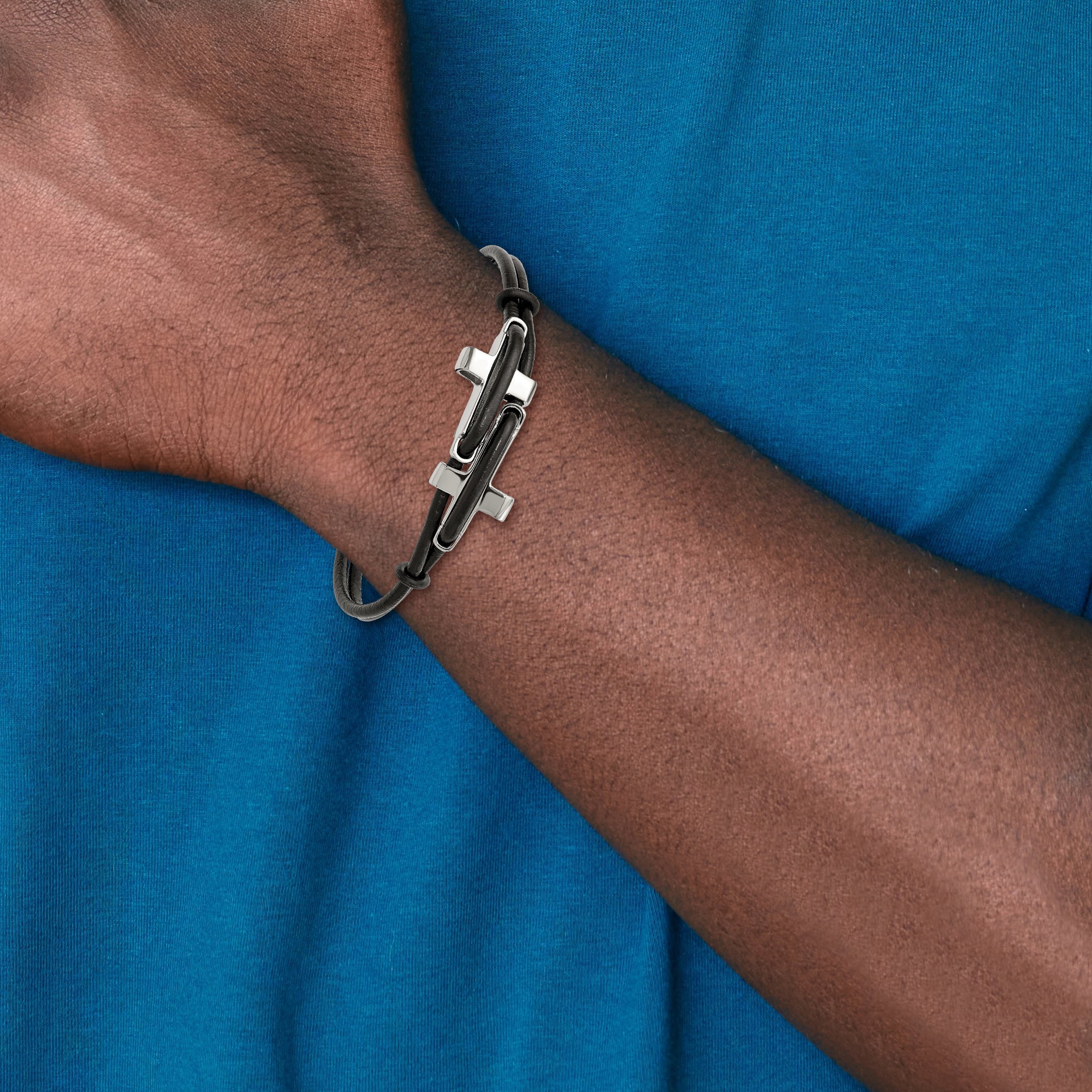 Sideways Cross Leather Bracelet in Stainless Steel