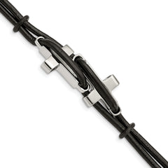 Chisel Stainless Steel Polished Sideways Crosses 2 Strand Black Leather 8.25 inch Bracelet