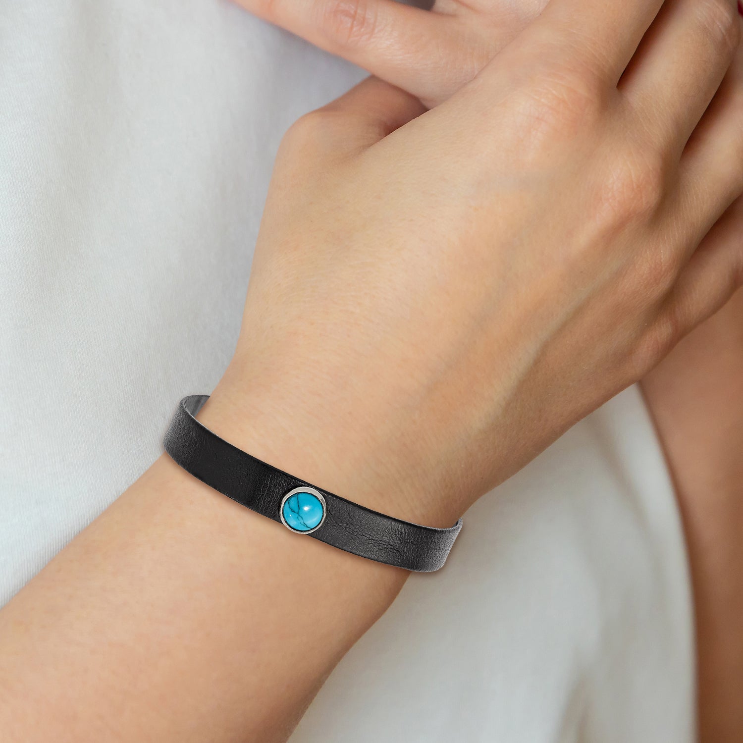 Stainless Steel Polished Leather w/Imit. Turquoise w/1.25in ext Bracelet