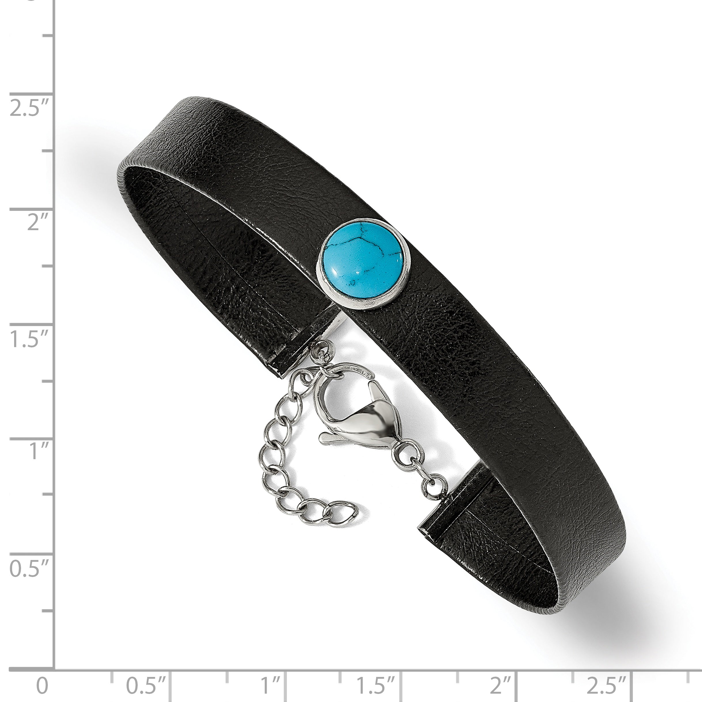 Stainless Steel Polished Leather w/Imit. Turquoise w/1.25in ext Bracelet