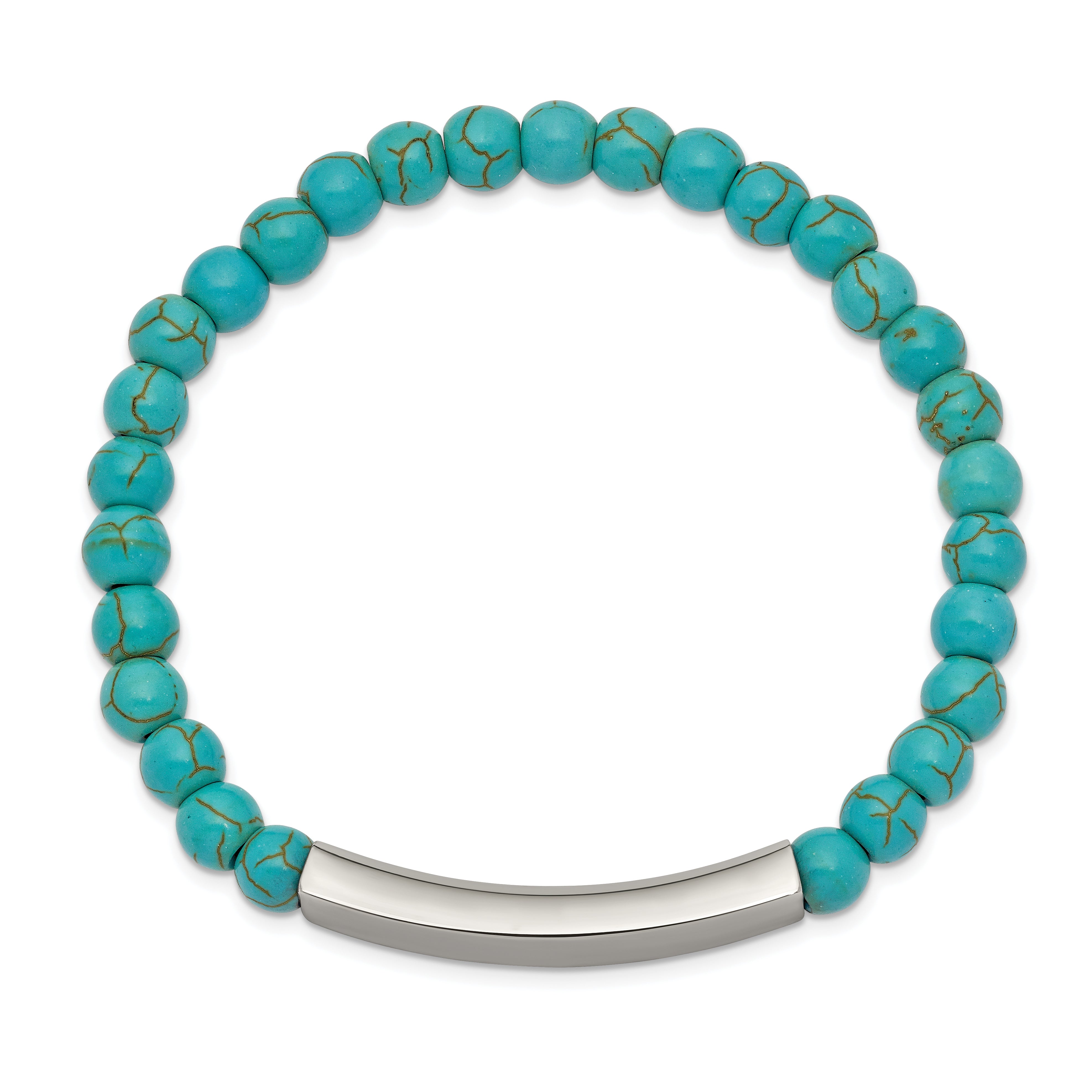 Chisel Stainless Steel Polished ID Plate 6mm Reconstructed Turquoise Beaded Stretch Bracelet - 6.5