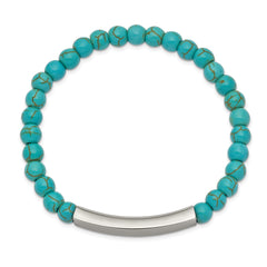 Chisel Stainless Steel Polished ID Plate 6mm Reconstructed Turquoise Beaded Stretch Bracelet - 6.5