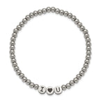 Chisel Stainless Steel Antiqued and Polished I HEART U 4mm Beaded Stretch Bracelet