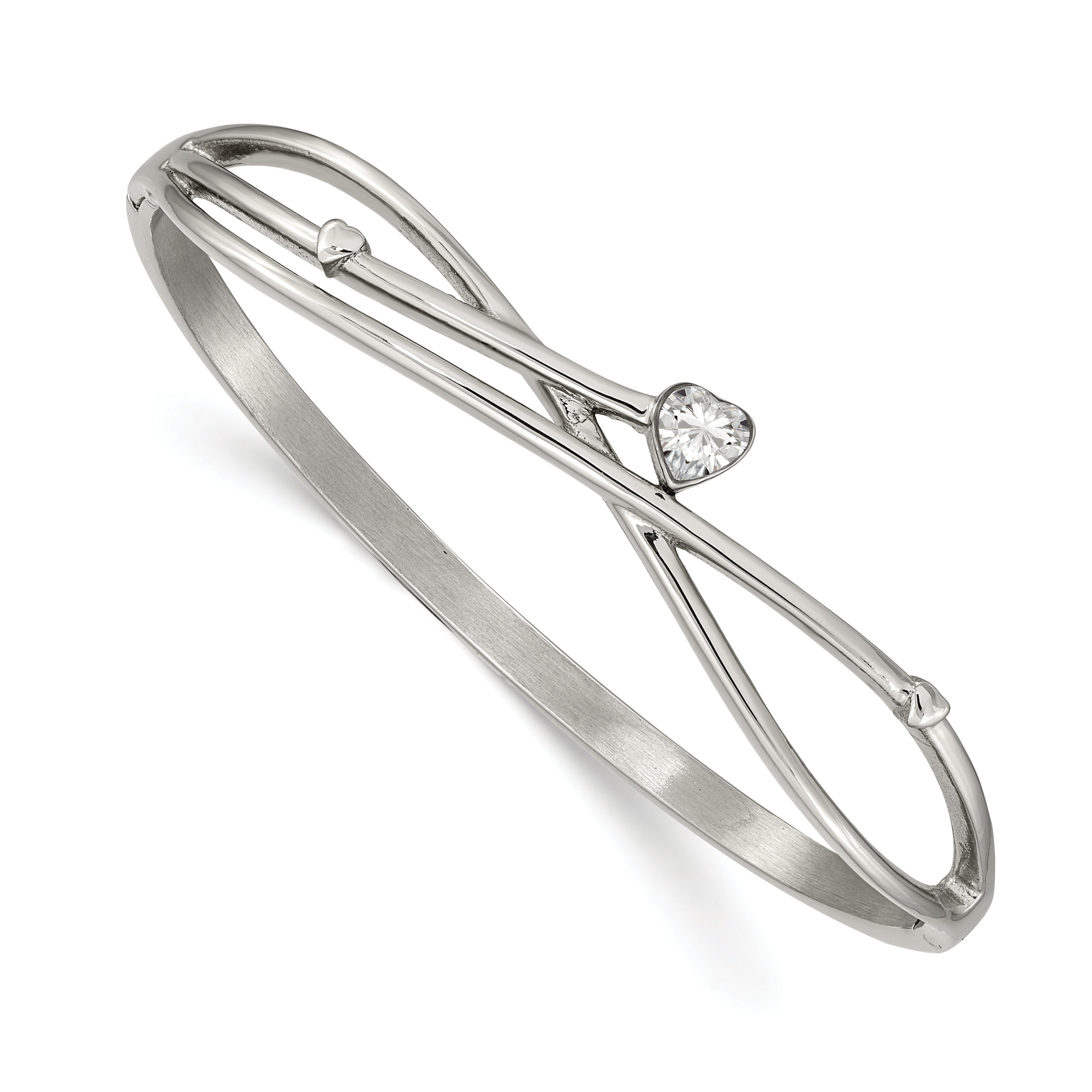 Chisel Stainless Steel Polished Heart CZ Hinged Bangle Main image