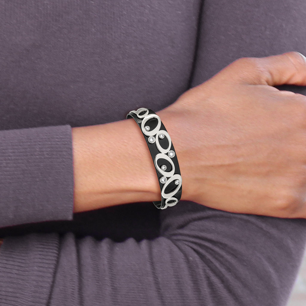 Chisel Stainless Steel Polished Black IP-plated with Crystals from Crystal Cuff Bangle