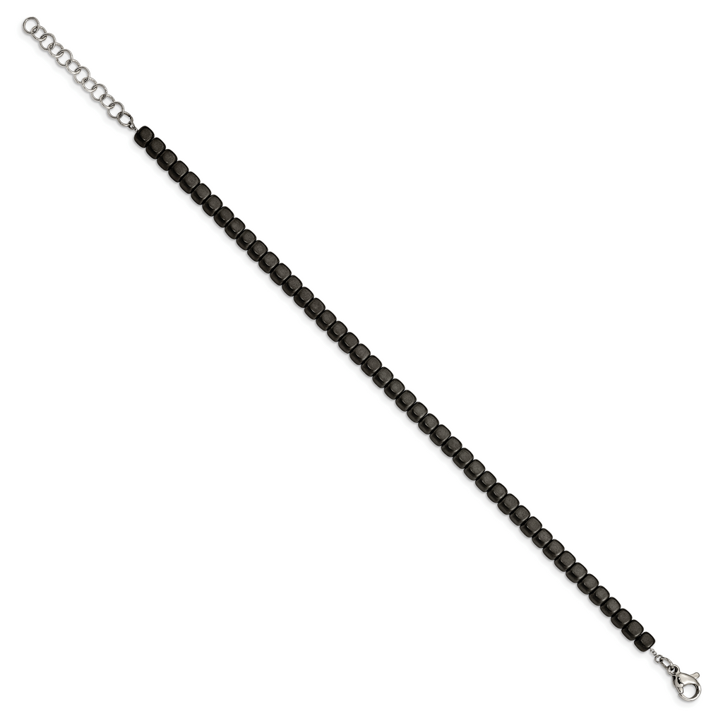 Chisel Stainless Steel Brushed and Polished Square Hematite Beaded 7 inch Bracelet with 1.25 inch Extension