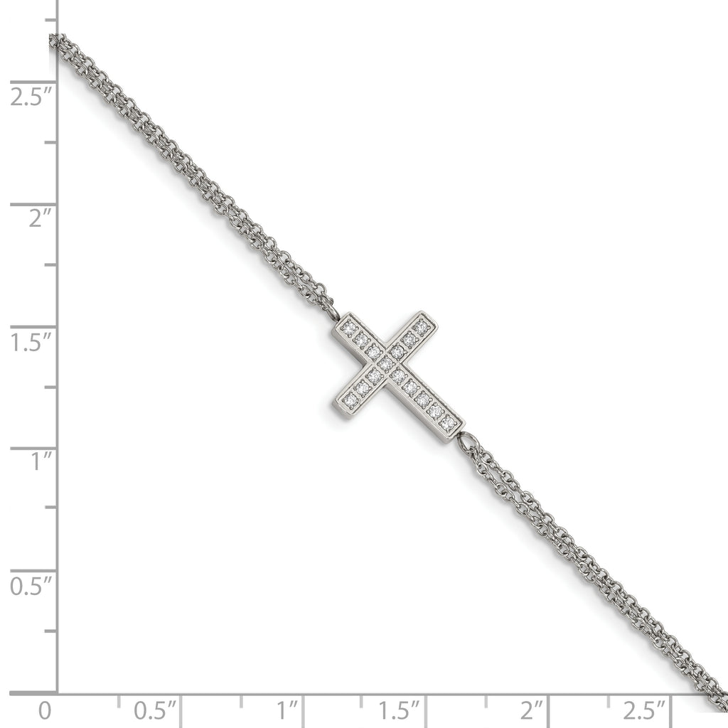 Chisel Stainless Steel Polished CZ Sideways Cross 6.25 inch Bracelet with 2 inch Extension