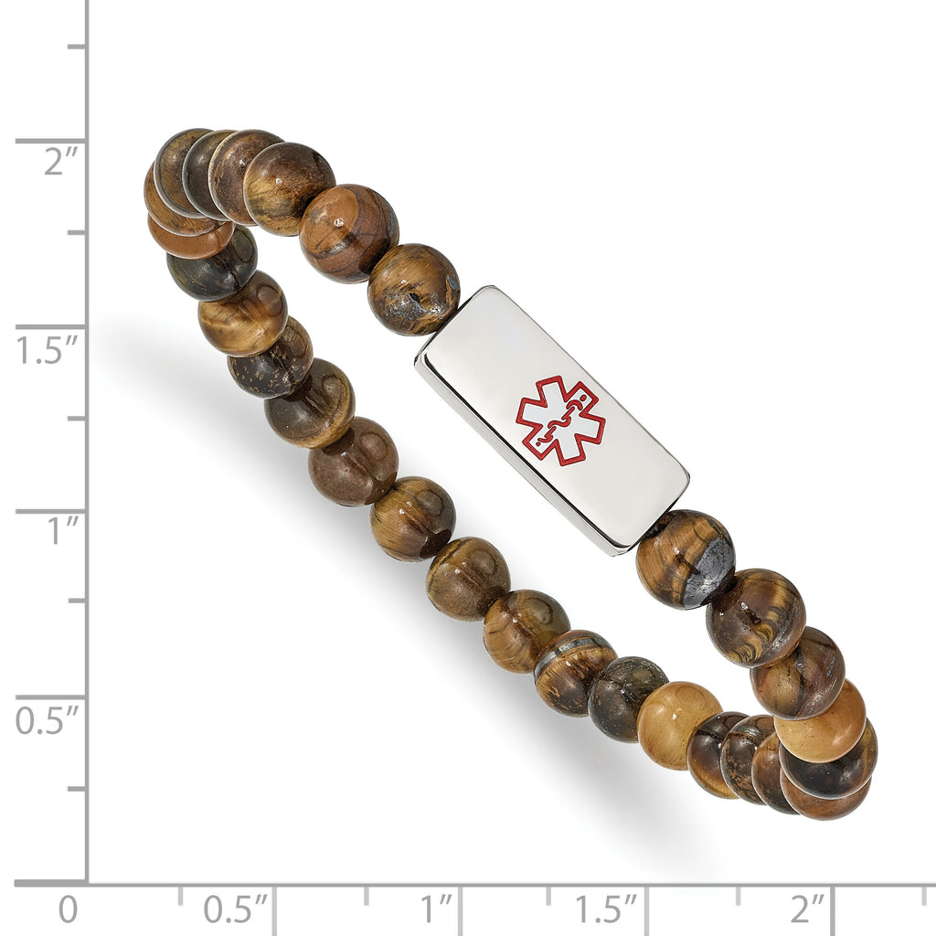 Stainless Steel Polished Medical ID Tiger's Eye Bead Stretch Bracelet