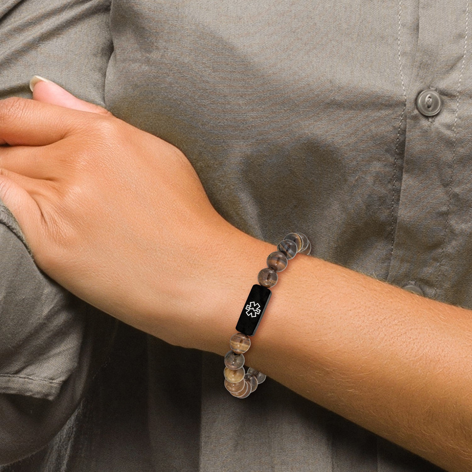 Tiger's Eye Medical ID Stretch Bracelet in Stainless Steel