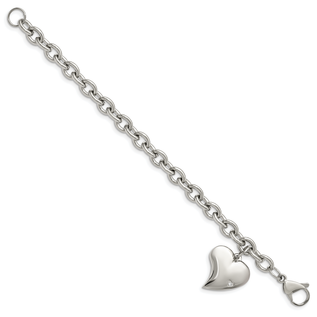 CZ Heart Charm Link Bracelet in Stainless Steel