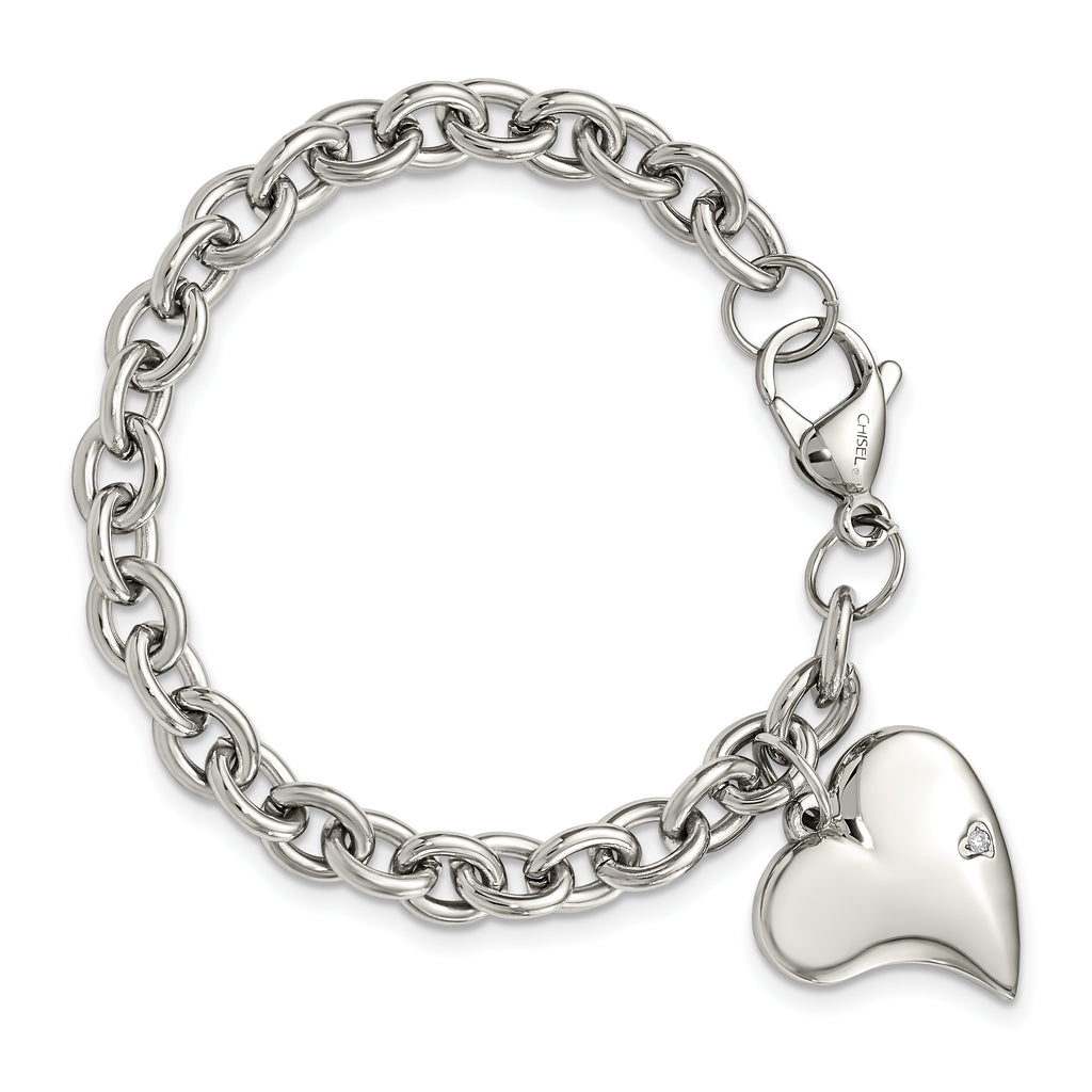 CZ Heart Charm Link Bracelet in Stainless Steel