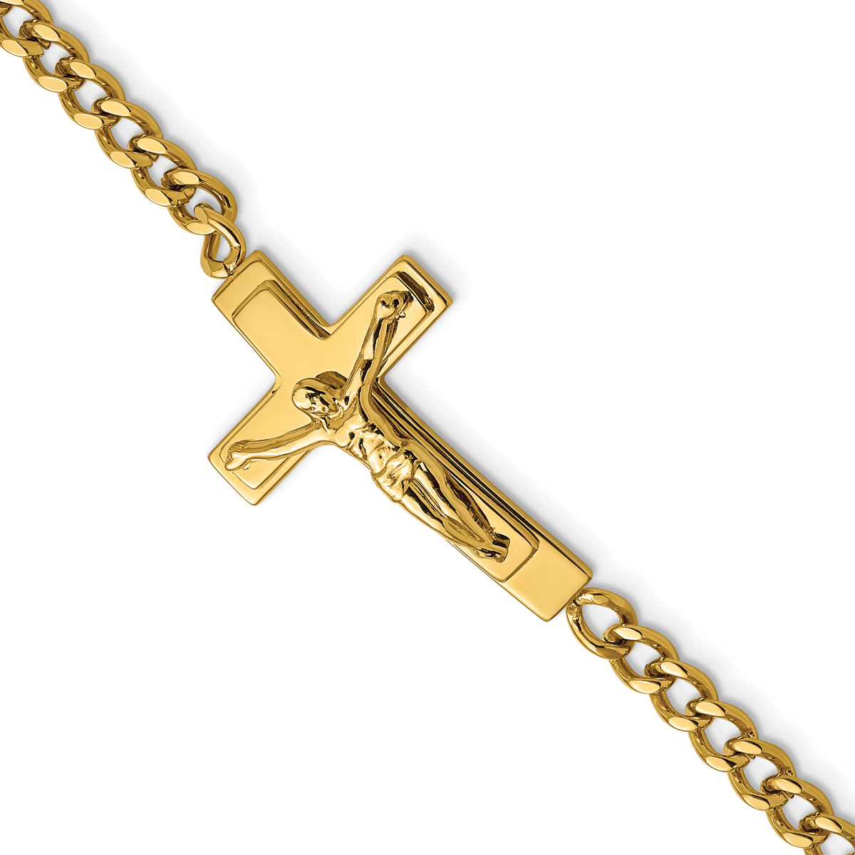 Chisel Stainless Steel Polished Yellow IP-plated Crucifix 8.5 inch Bracelet