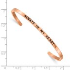 Chisel Stainless Steel Polished Rose IP-plated and Enameled with Crystal ALWAYS IN MY HEART 3mm Cuff Bangle