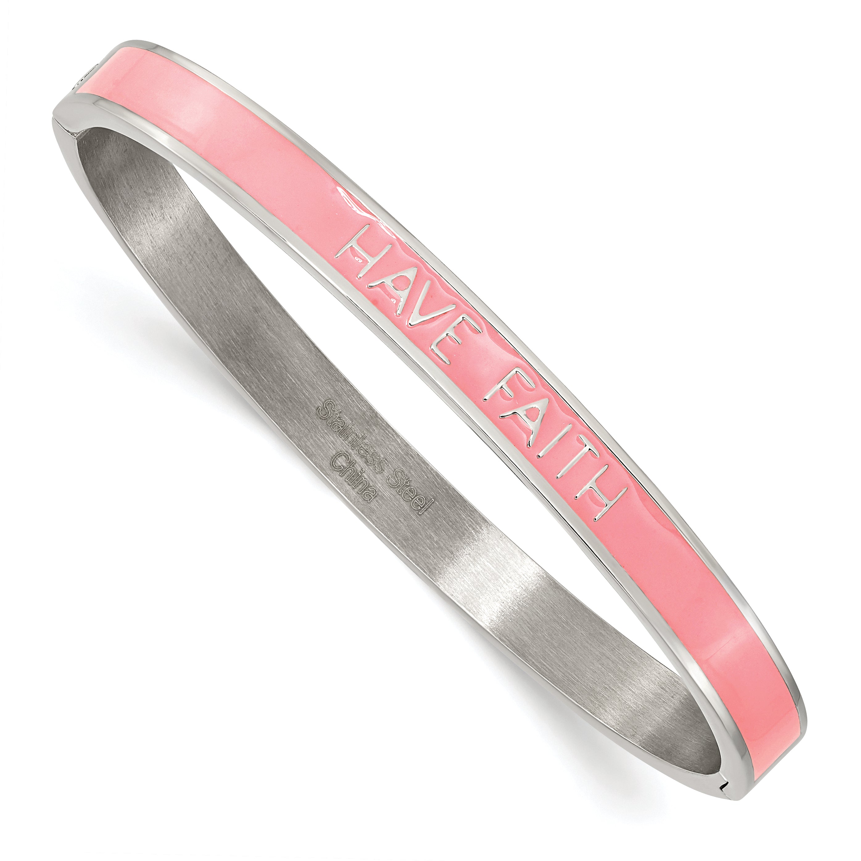 Stainless Steel Polished Pink Enamel HAVE FAITH 6mm Hinged Bangle Main image