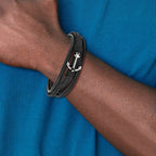 Chisel Stainless Steel Polished Anchor Black PU Leather 7.75 inch Bracelet with .5 inch Extension