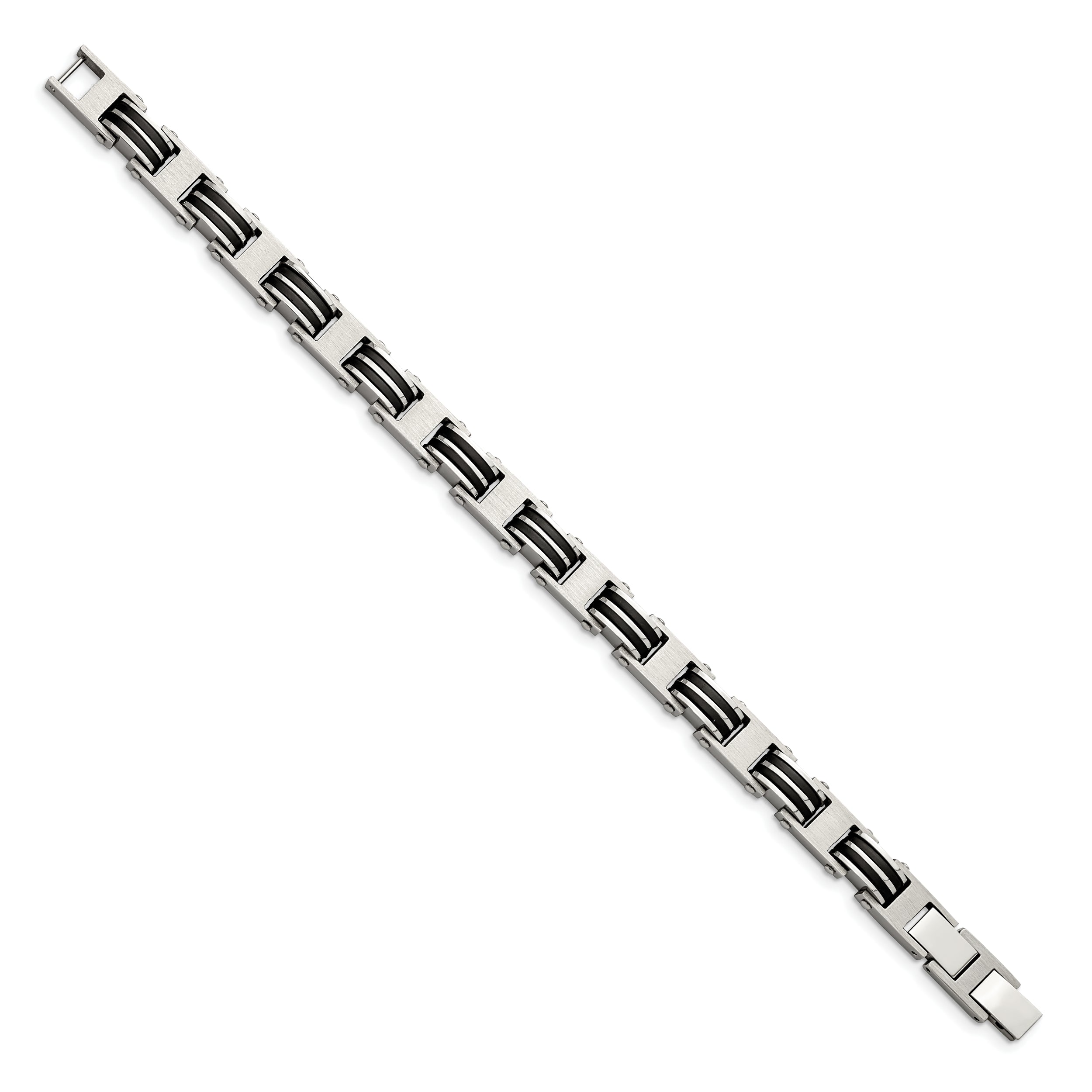 Chisel Stainless Steel Brushed and Polished with Black Rubber 7.75 inch Link Bracelet with .5 inch Extension