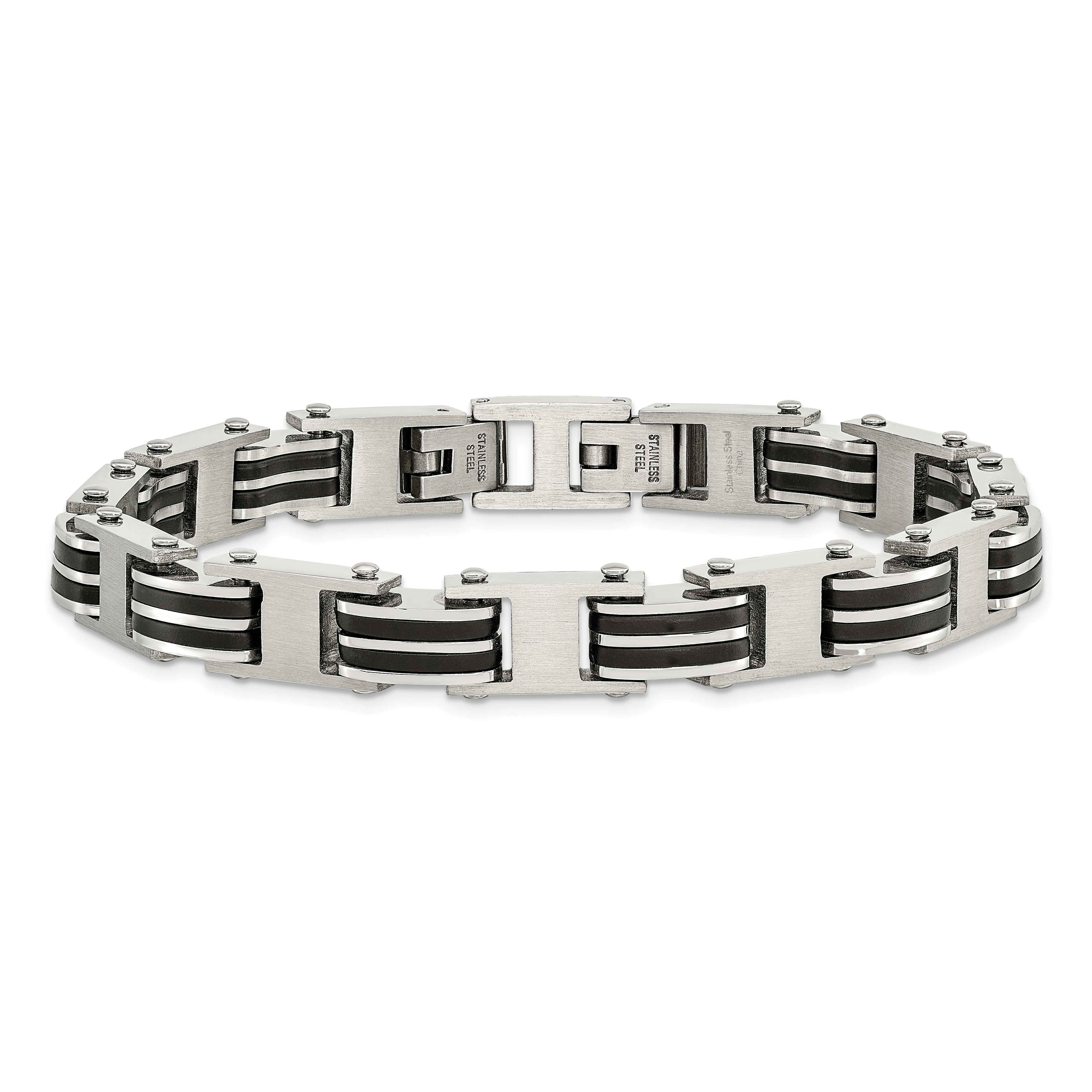 Chisel Stainless Steel Brushed and Polished with Black Rubber 7.75 inch Link Bracelet with .5 inch Extension