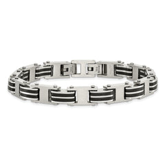 Chisel Stainless Steel Brushed and Polished with Black Rubber 7.75 inch Link Bracelet with .5 inch Extension