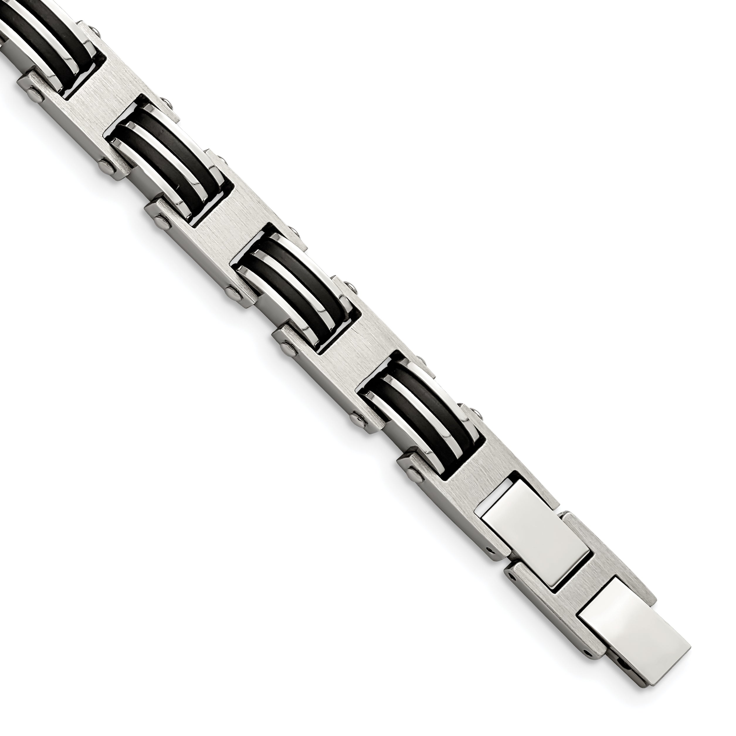 Chisel Stainless Steel Brushed and Polished with Black Rubber 7.75 inch Link Bracelet with .5 inch Extension