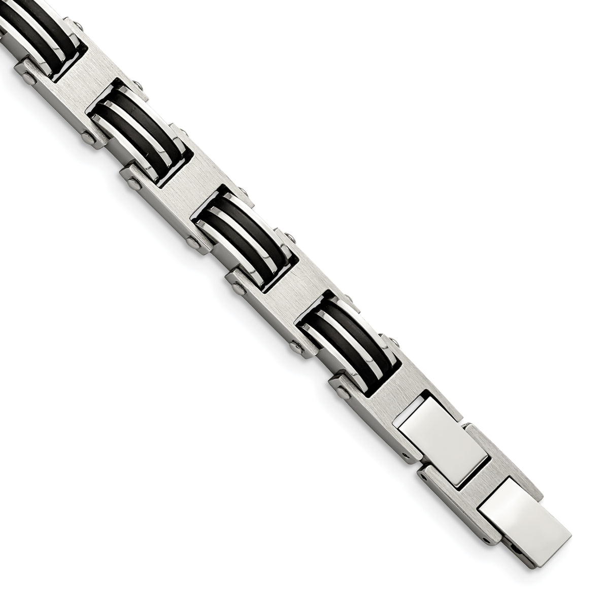 Chisel Stainless Steel Brushed and Polished with Black Rubber 7.75 inch Link Bracelet with .5 inch Extension