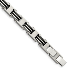 Chisel Stainless Steel Brushed and Polished with Black Rubber 7.75 inch Link Bracelet with .5 inch Extension