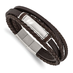 Chisel Stainless Steel Brushed Multi Strand Brown PU Leather and Rubber 8 inch ID Bracelet with .5 inch Extension