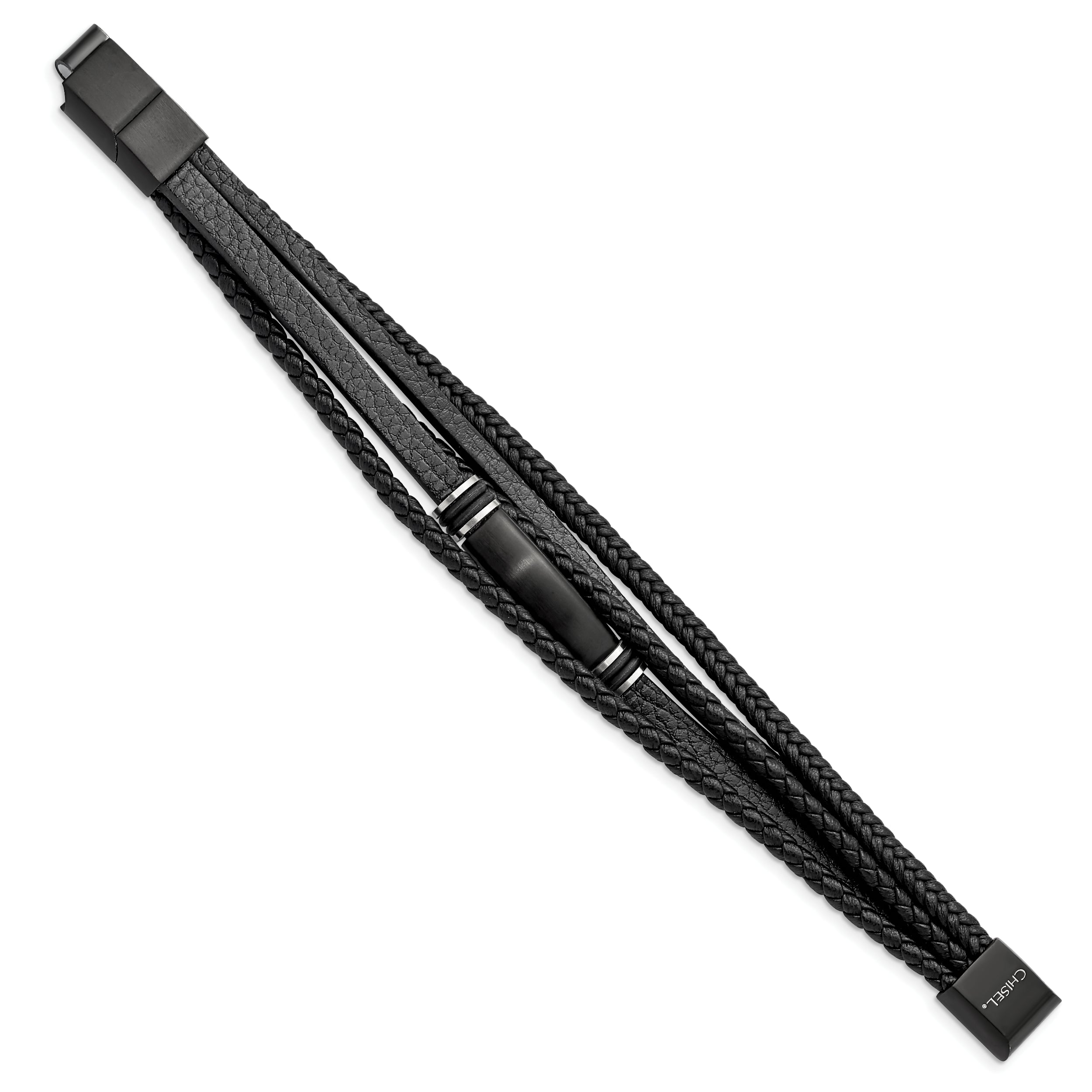 Chisel Stainless Steel Brushed Black IP-plated Multi Strand Black PU Leather and Rubber 8 inch ID Bracelet with .5 inch Extension - 8