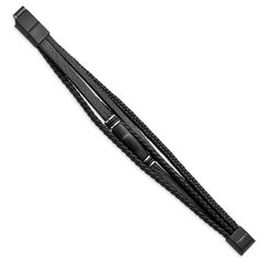 Chisel Stainless Steel Brushed Black IP-plated Multi Strand Black PU Leather and Rubber 8 inch ID Bracelet with .5 inch Extension - 8