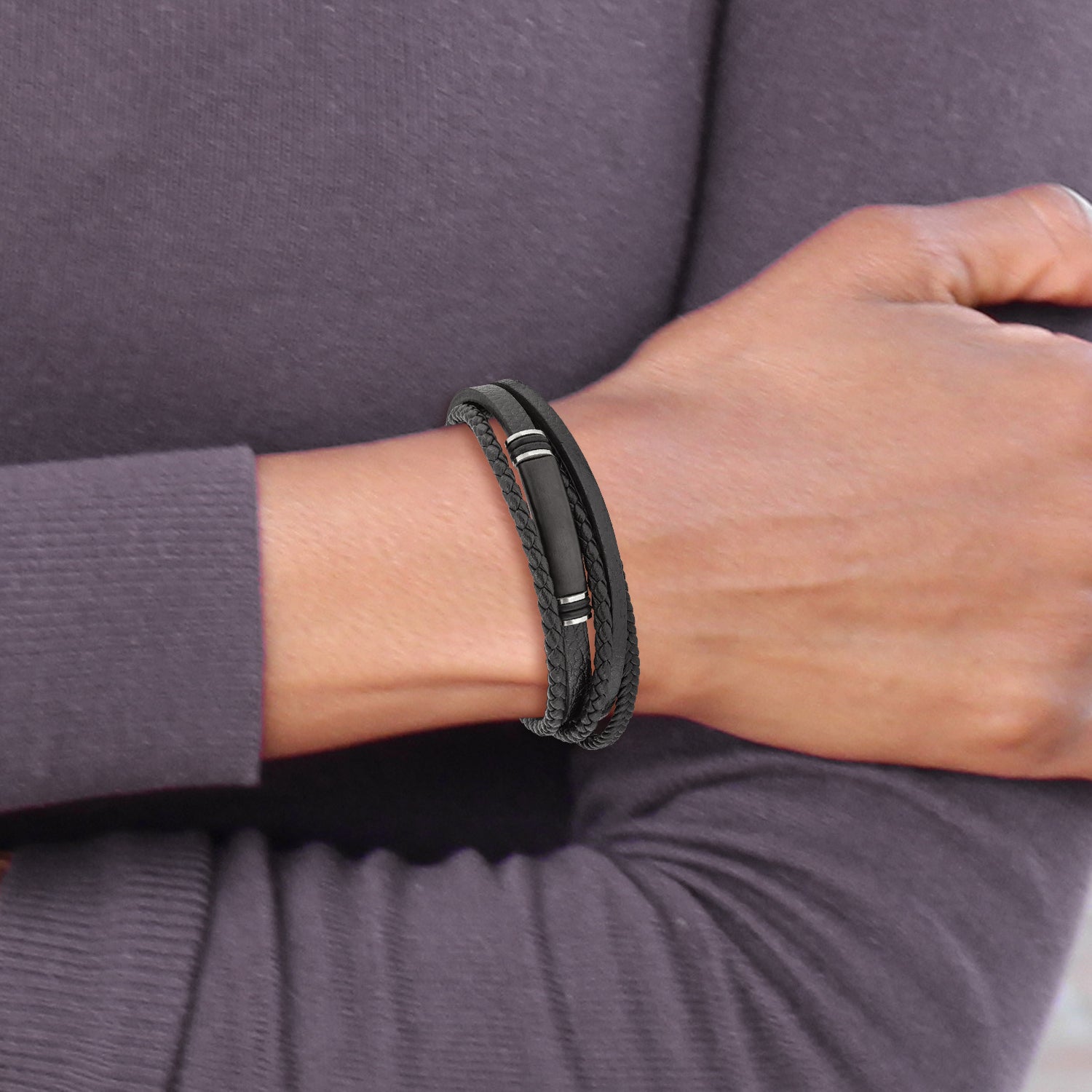 Chisel Stainless Steel Brushed Black IP-plated Multi Strand Black PU Leather and Rubber 8 inch ID Bracelet with .5 inch Extension - 8