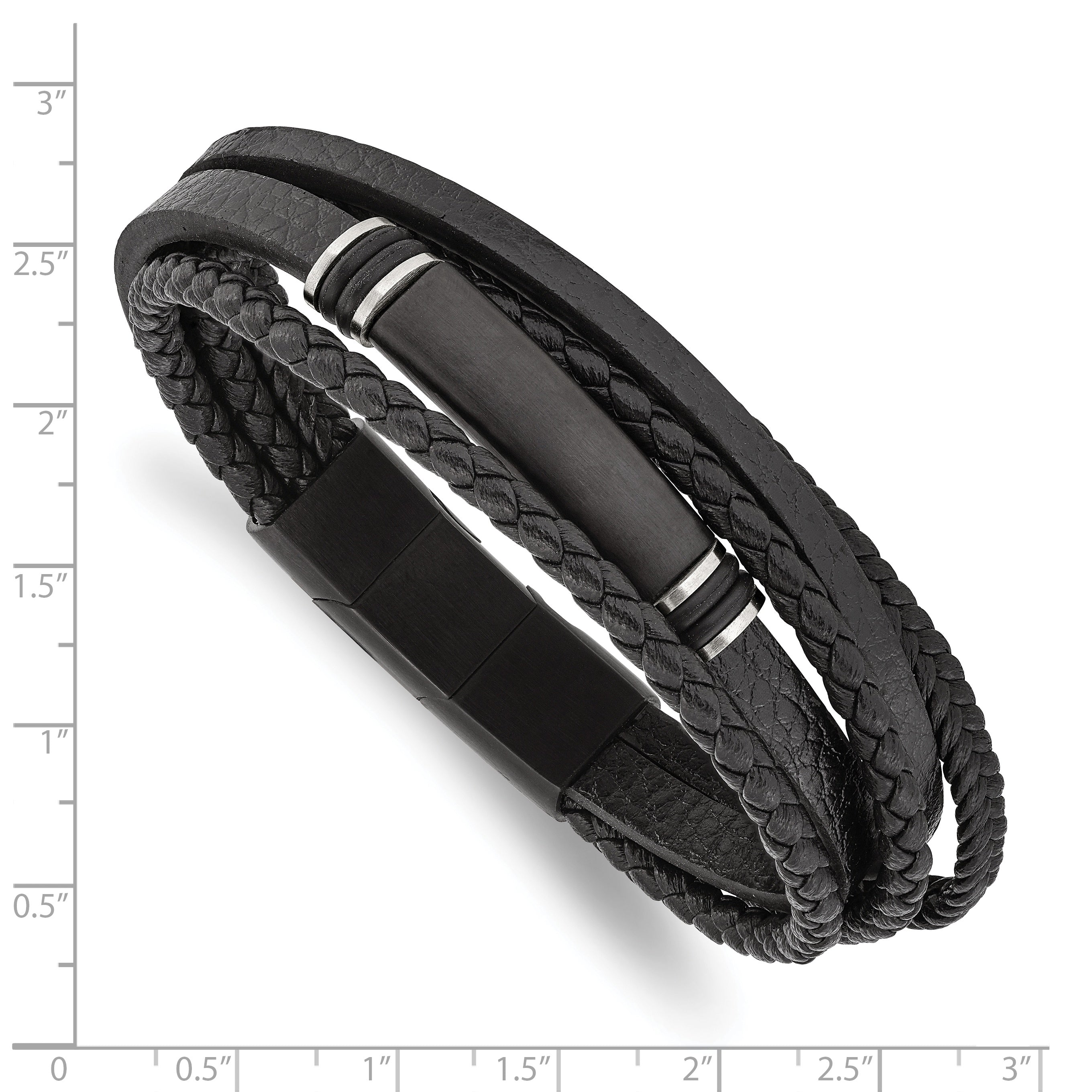 Chisel Stainless Steel Brushed Black IP-plated Multi Strand Black PU Leather and Rubber 8 inch ID Bracelet with .5 inch Extension