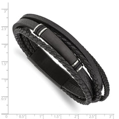 Chisel Stainless Steel Brushed Black IP-plated Multi Strand Black PU Leather and Rubber 8 inch ID Bracelet with .5 inch Extension - 8